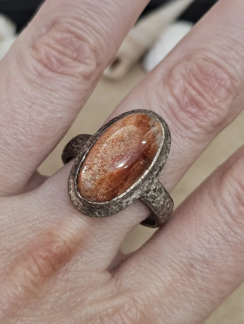 Sterling Silver Oval Sunstone Hammered Textured Band 925 Gemstone Ring Size 9 US